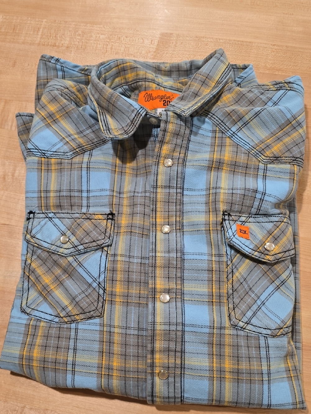 Wrangler 20X FR Light Blue, Gray & Yellow Plaid Snap-Front Shirt